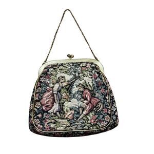 Vintage needlepoint evening bag top handle purse multicolor tapestry gold trim